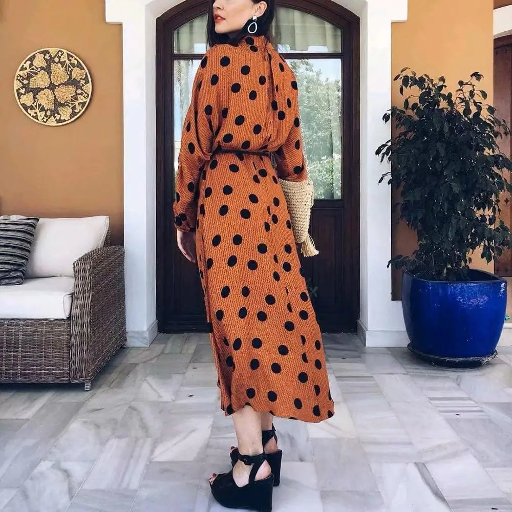 Женское оранжевое платье в горошек с высокой талией Повседневное миди длинным