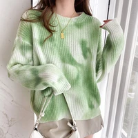 autumn winter 2021 new korean round neck pullover ink dyed contrast sweater female vintage knitt sweater long sleeve green 513h