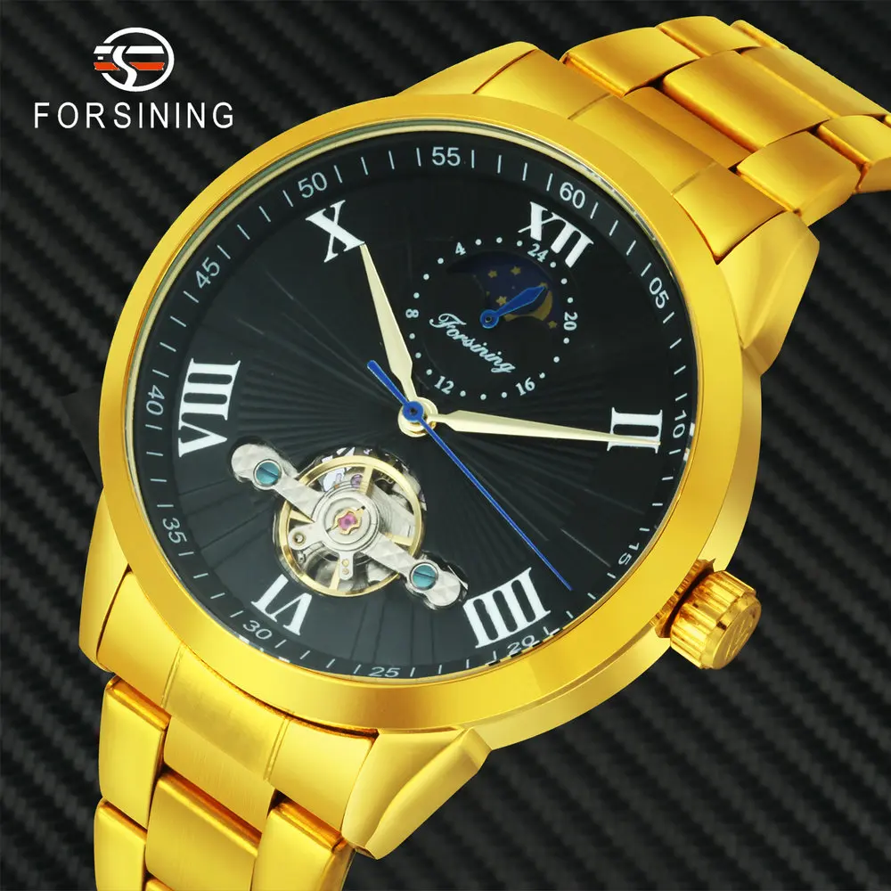 FORSINING Роскошные automatic Tourbillon Мужские часы Скелетон Moon Phase креативные ремешок из