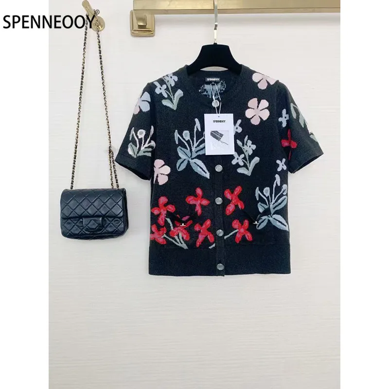 

Женский однобортный вязаный кардиган SPENNEOOY, дизайнерский брендовый свитер с коротким рукавом и цветочной вышивкой, летние куртки