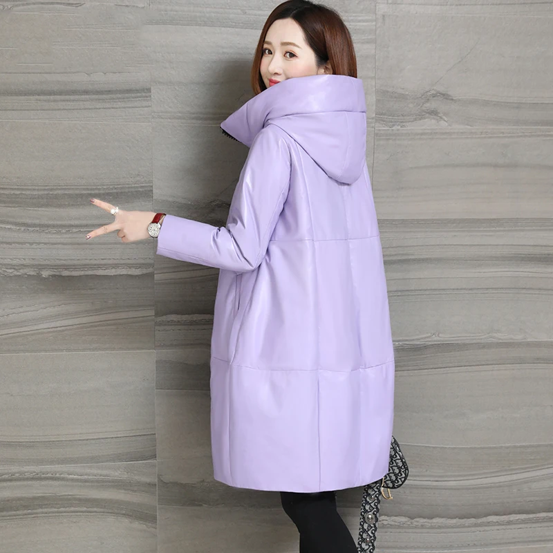 Женский пуховик из натуральной кожи новинка 2020 зимнее теплое пальто с капюшоном