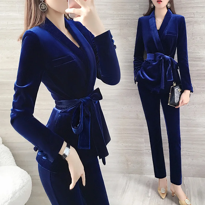 

elegant pants suit Office lady suit jacket blazer set velvet suit pants suit Women's Blazer suit and pencil pants two-piece