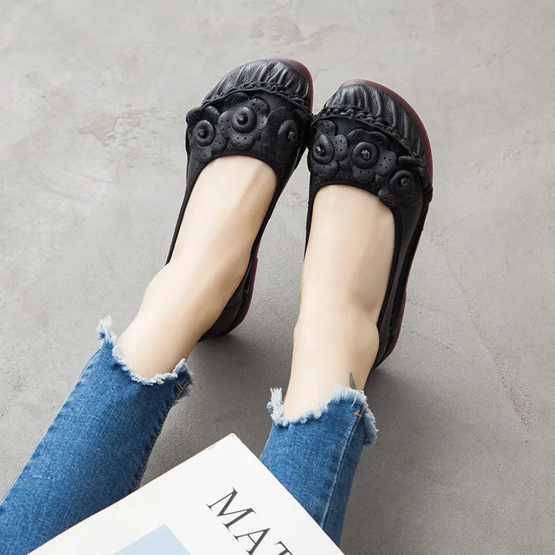 

TXCNMB Spring Genuine Leather Shoes Women Flats New Style Flower Shoes for Female Flats Casual Shoes Woman Loafers