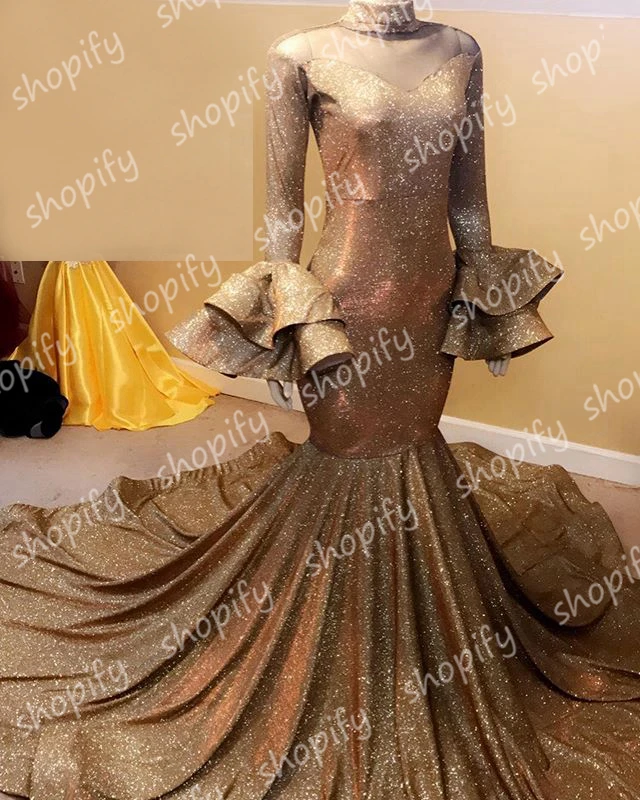 

Long Sparkly Prom Dresses 2020 Sexy Mermaid High Neck Long Sleeve African Black Girls Gold Women Gala Prom Party Gowns