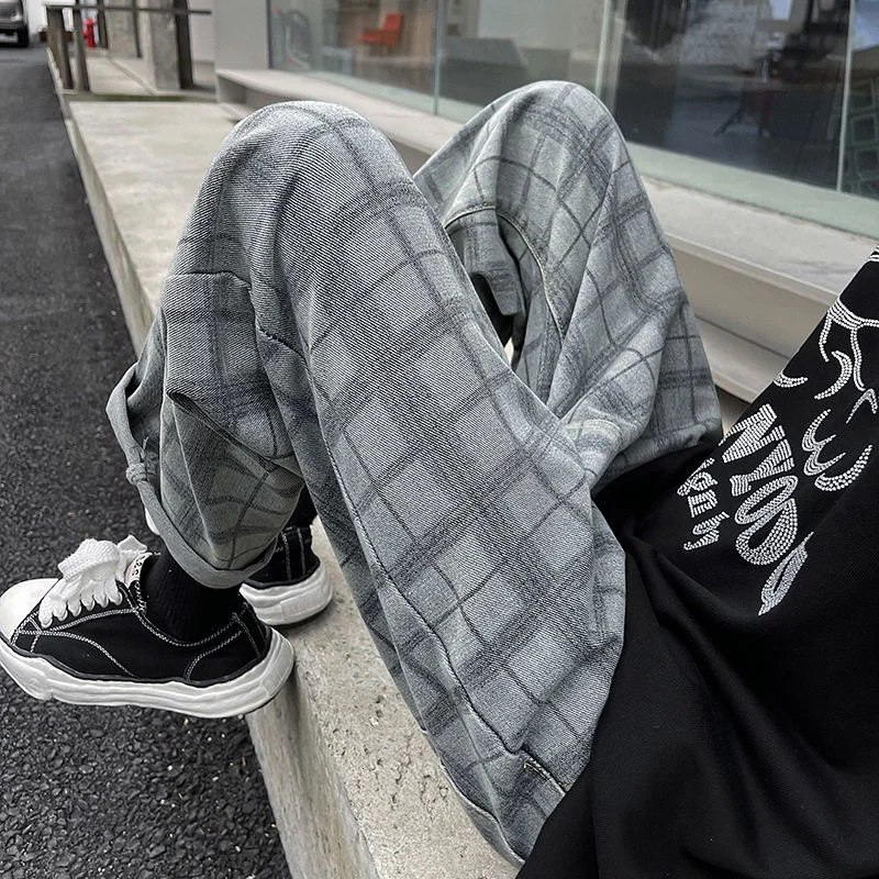 Men's Jeans Checkerboard High End Straight Loose New Gray Couples Movement College 2021 Trousers Fashion Free Shipping
