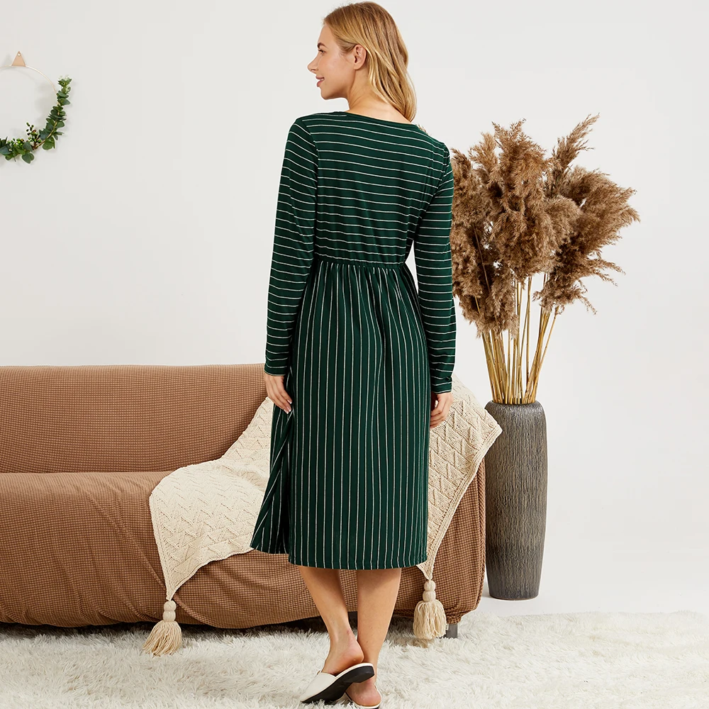 

PatPat 2021 New ArrivalMaternity Round collar Stripes full print Green/White Knee length A Long-sleeve Nursing Dress