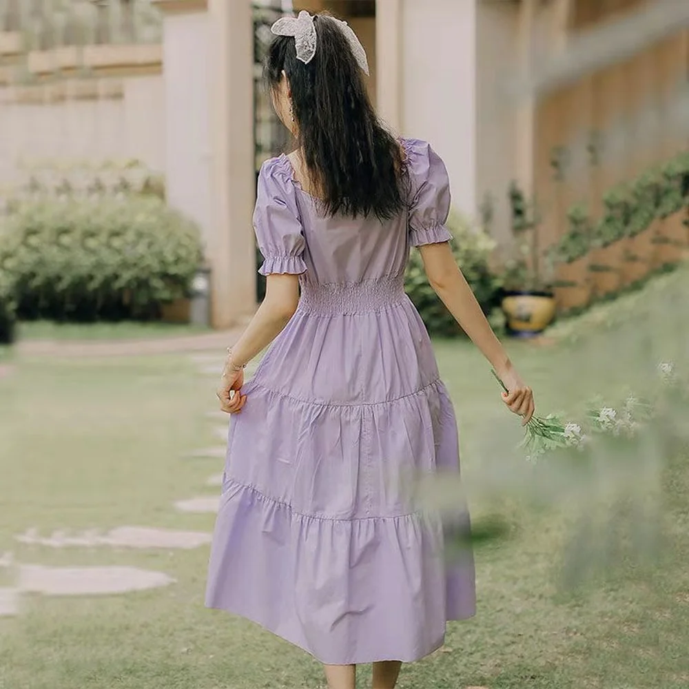 

Women Summer Purple Elegant Lace Long Maxi Dress Vintage Square Collar Female French Dress Casual Holiday Lady Vestidos