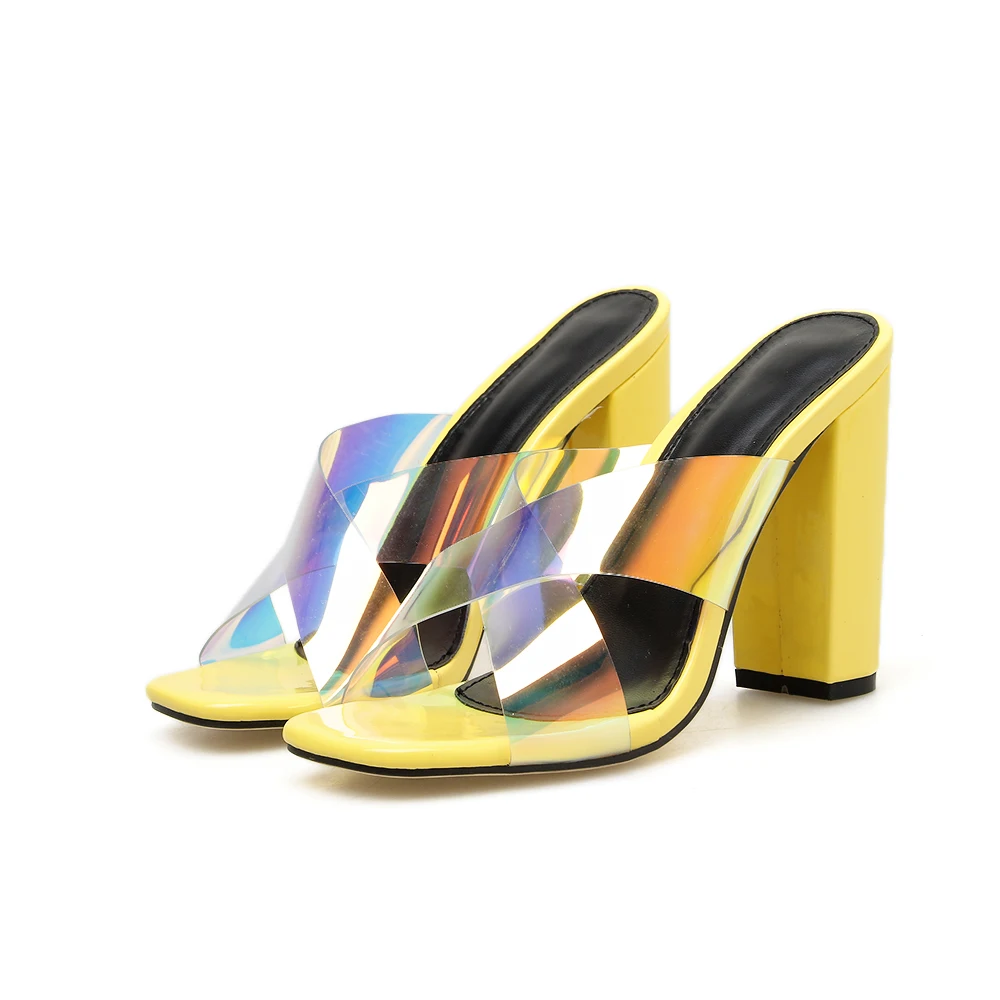 

New Summer Women Slipper Square Toe Chunky High Heel Ladies Sandal Mules Top Quality Elegant Dress Shoes Zapatos Mujer