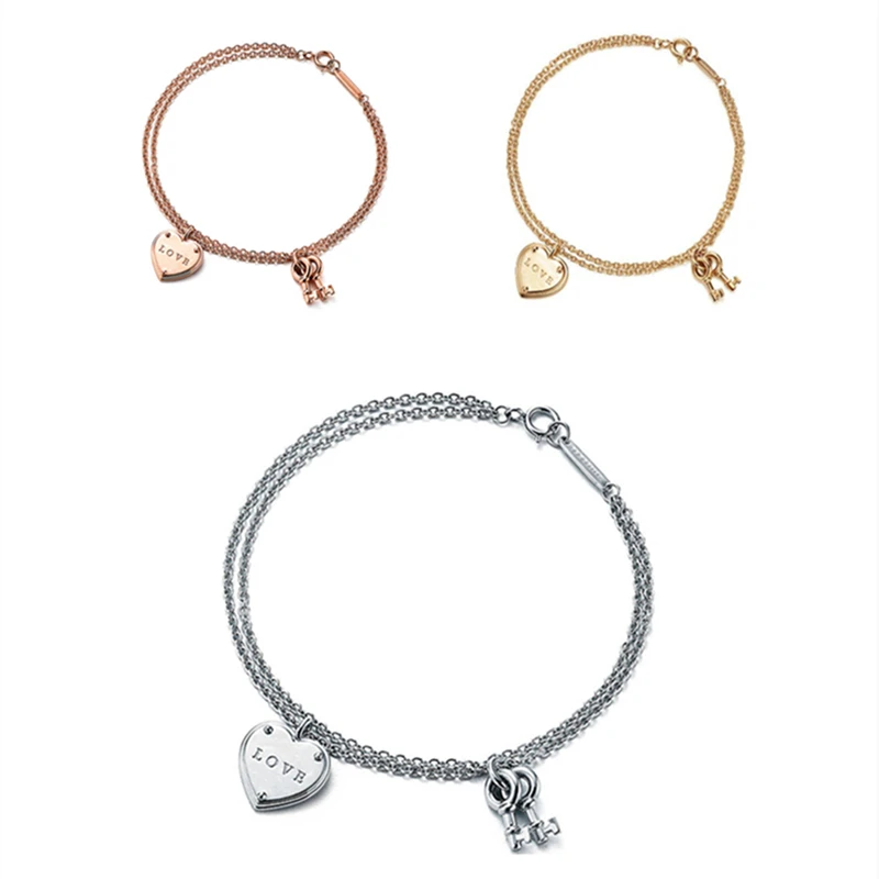 

1:1 S925 Sterling Silver Heart & Key Double Chain Bracelets Women Logo Luxury Jewelry Lovers Holiday Sweet Gift