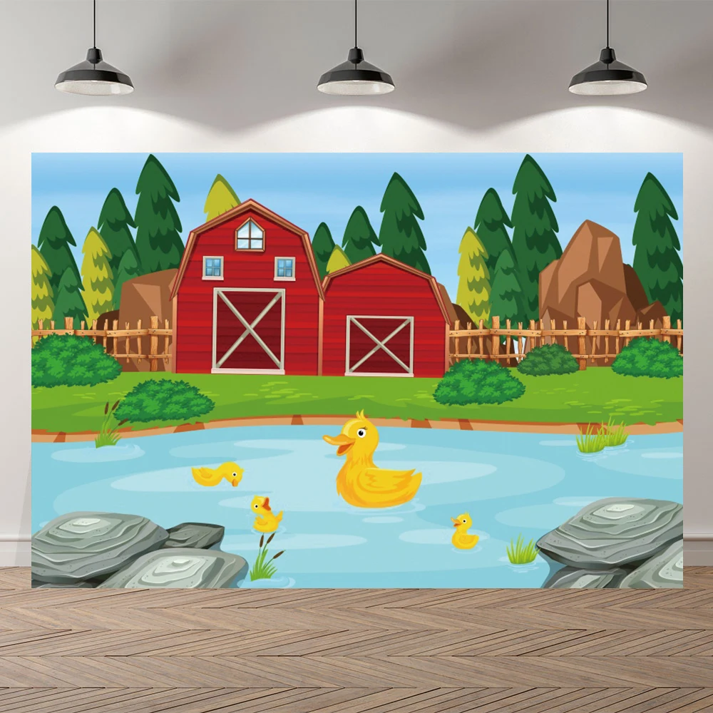 

Фон для фотосъемки с изображением домика Красного сарая для новорожденных детей зеленый лес желтые утки плавание на реке фон для фотосъемк...