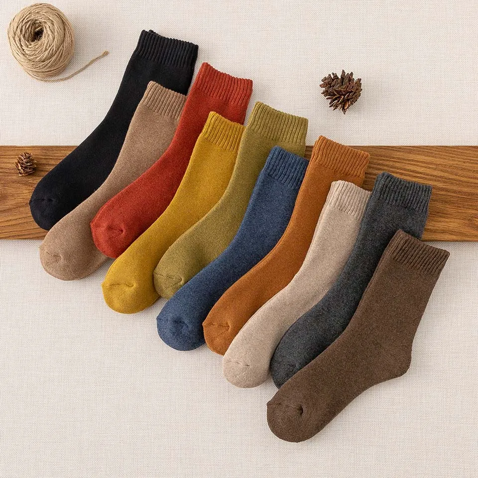 Winter Women's Thick Warm Solid Color Cotton Socks Harajuku Retro Cold Resistant Fashion Casual  Terry Socks 10 Pair