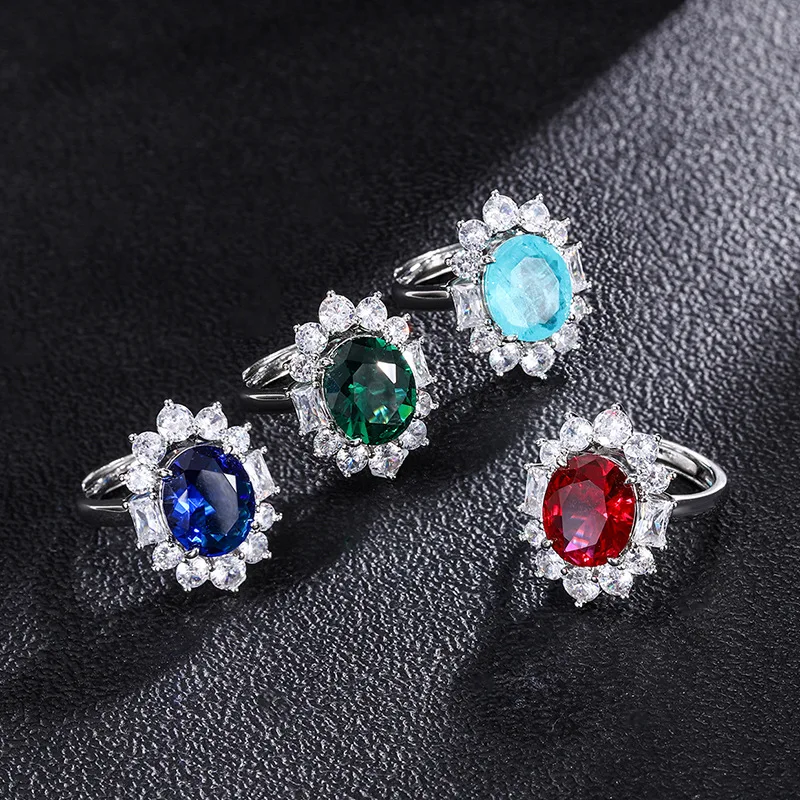 

QTT Exquisite Luxury 925 Sterling Silver Ring Shiny Natural Paraiba Emerald Tourmaline Oval Gemstone Wedding Jewelry