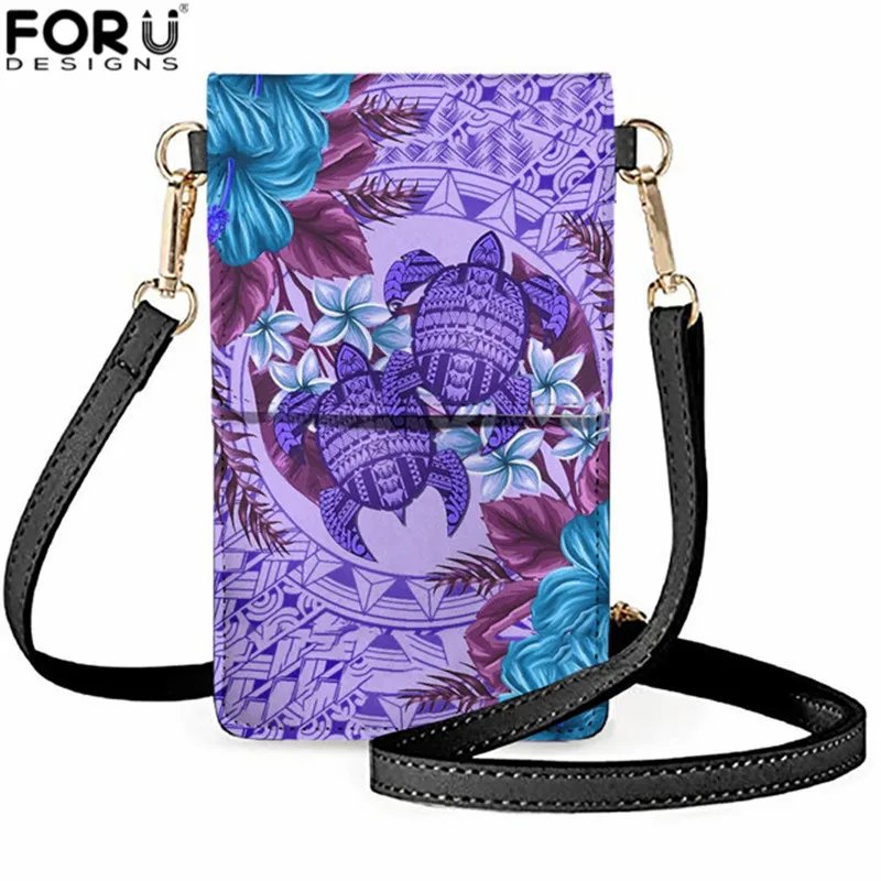 

Fashion PU Leather Mobile Phone Bag Polynesia Tribe and Hibiscus Turtle Printed Mini Shoulder Bags Female Crossbody Phone Purse
