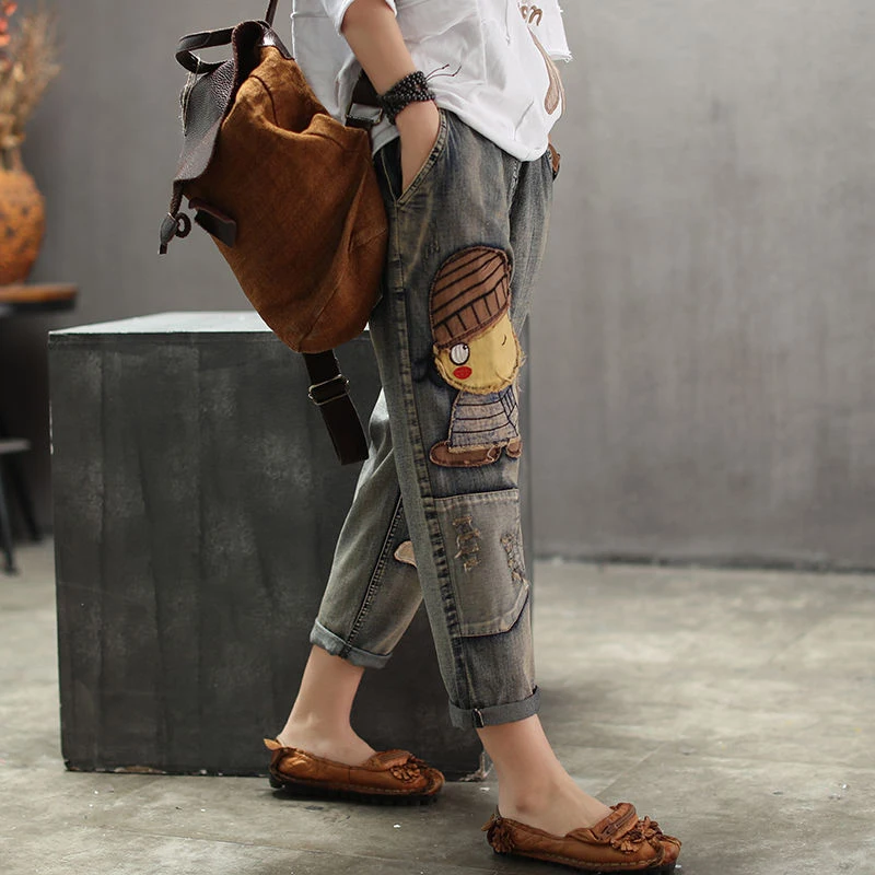 Женские хлопковые джинсы с эластичной талией лоскутные шаровары в стиле ретро