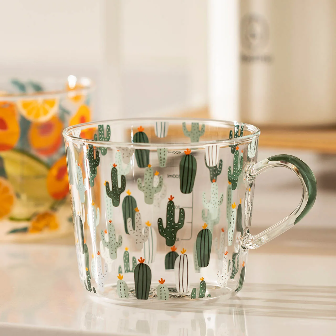 

500ml Girl Mugs Yellow Peach Cactus Glass Tea Milk Cups With Scale Coffee Mug Party Creative Drinkware Tumbler Water Cups