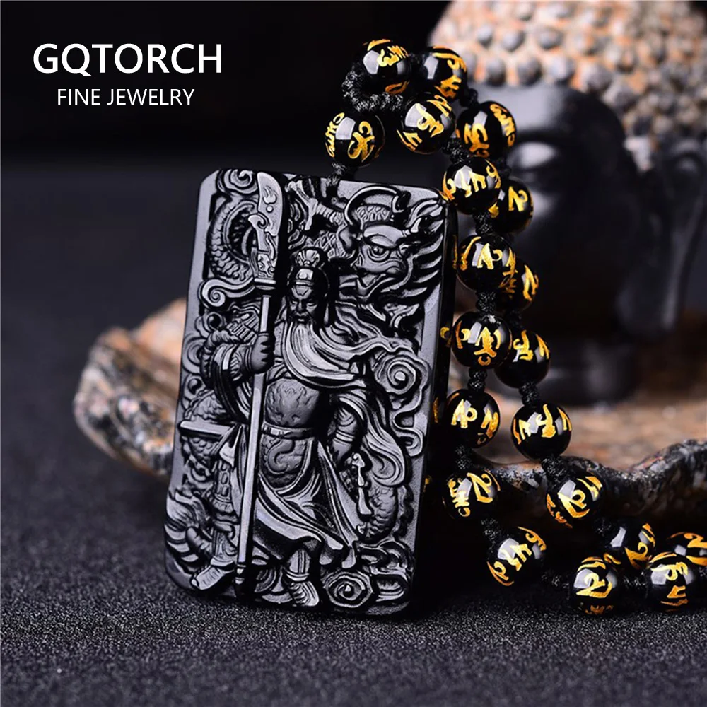 Натуральный черный обсидиан лорд Гуань Ю ожерелье с подвеской шестью словами