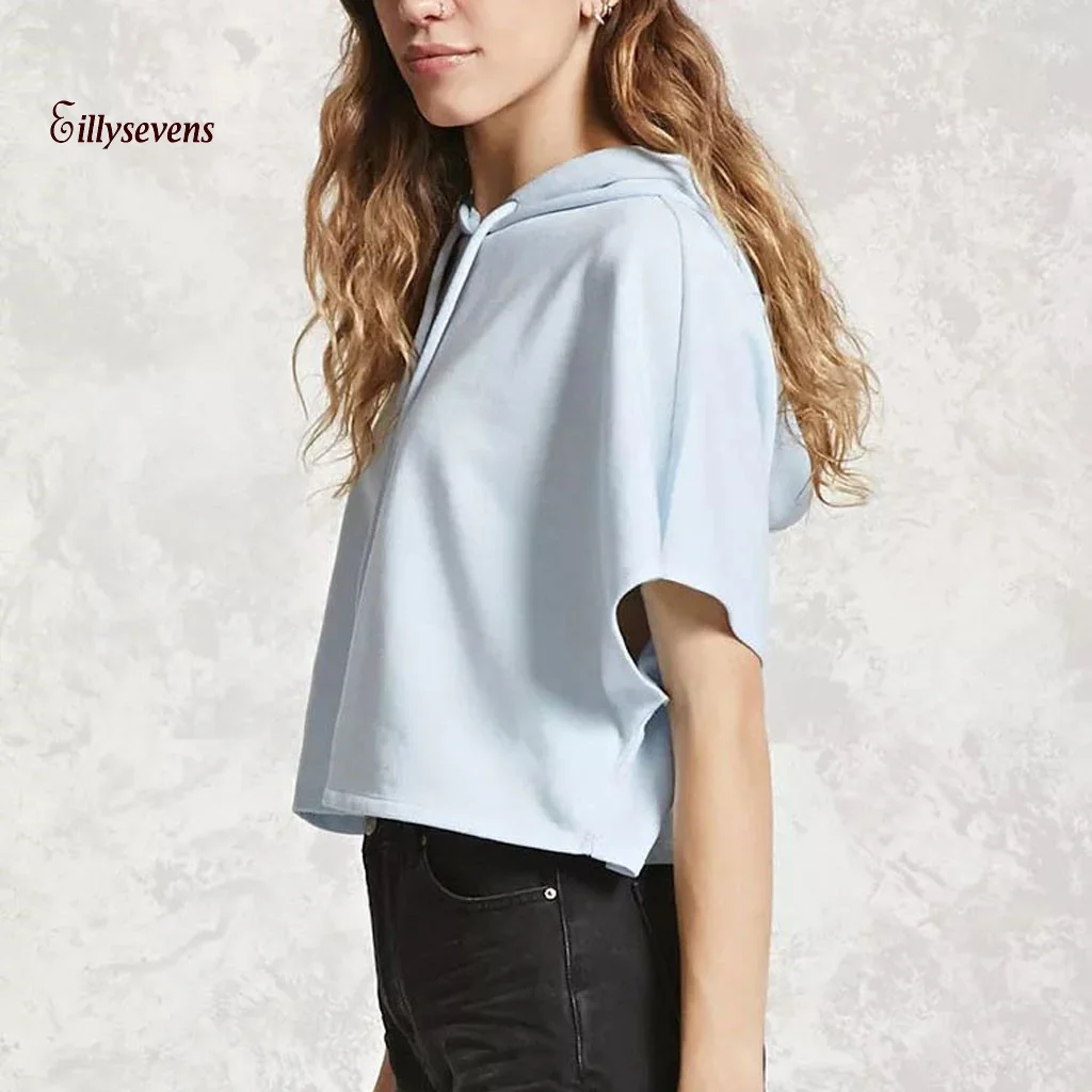 Женская толстовка с коротким рукавом пуловер капюшоном однотонные толстовки