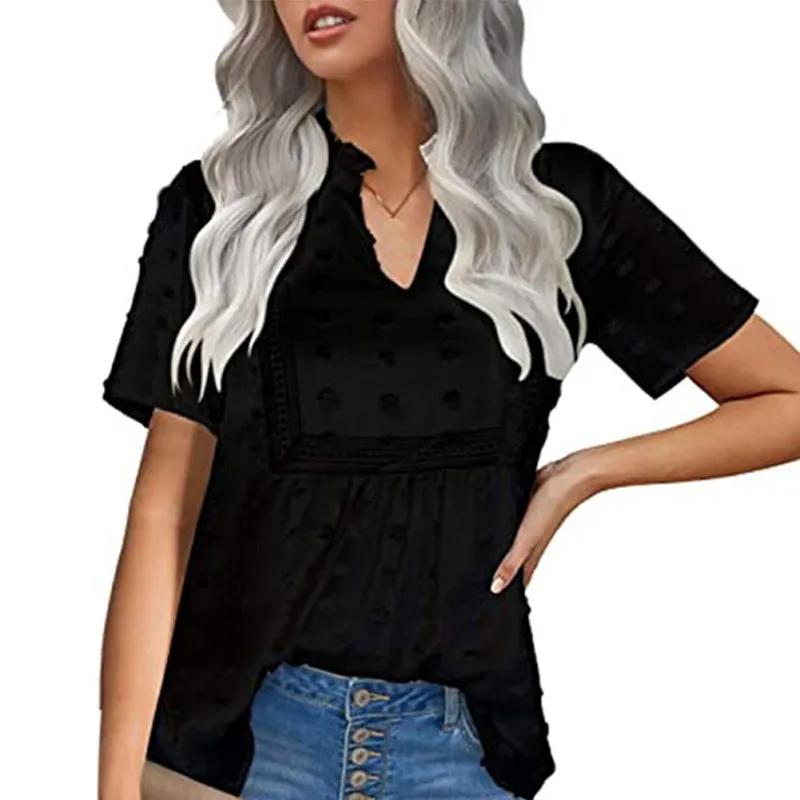 

Bohemian Female Chiffon Short Sleeve Stitching Design Fashion V-neck Shirt Fashion All-match Top Women