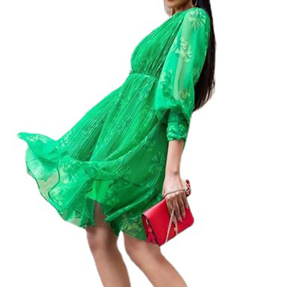 

Western Style Fashion Oversize Ladies Dress Casual African Temperament Green Printing Chiffon Folds Round Neck Lantern Sleeve