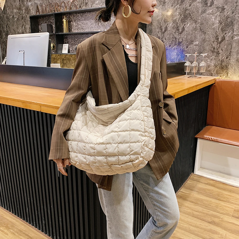 

Casual Lattice Pattern Top-handle Bag Solid Eiderdown Women Shoulder Handbag Large Capacity Street Travel Satchel Crossbody Bags
