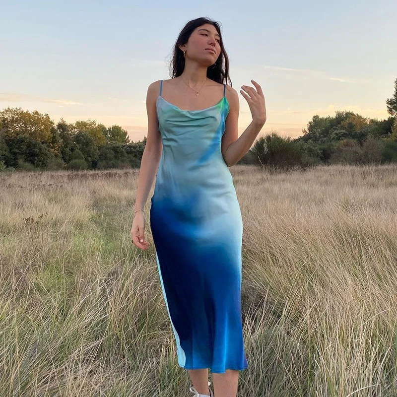 

New Gradient Color Suspender Dress European and Americanlong Sexy Slim Collar Dress with Satin 2021 Summer Fashion
