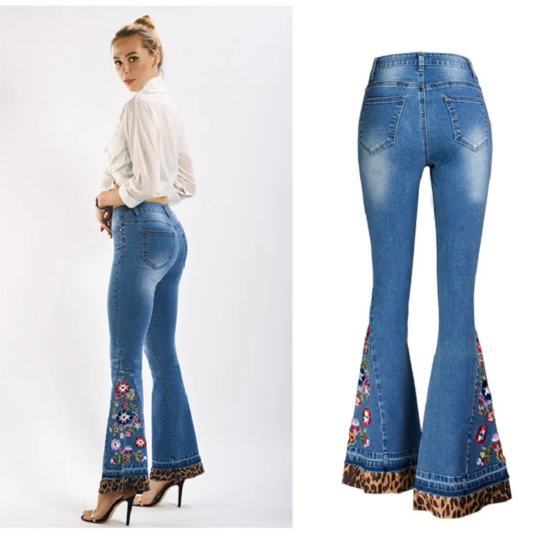 Женские джинсы с цветочной вышивкой синие облегающие брюки-клеш леопардовым