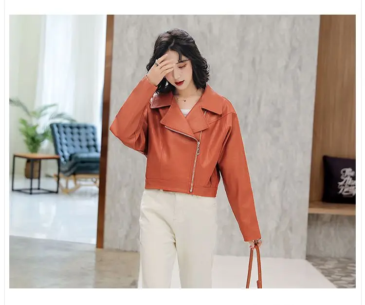 

Korean Tooling Motorcycle PU Leather Jacket Woman Zipper Solid Color Short Coat Autumn All Match Female Coats H174
