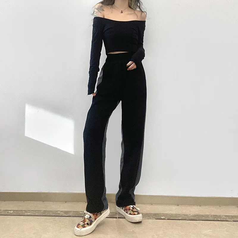 

Женские повседневные брюки, модные контрастные свободные брюки с высоким поясом на осень и зиму, универсальные повседневные брюки, уличная ...