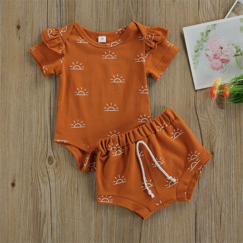 

Infants Newborn Baby Boys Girls Fashion Outfit Set Sun Print Romper+Elastic Shorts Set Toddlers Casual 2Pcs Clothes Sets
