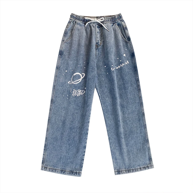 Graffiti jeans man straight skateboard loose chic salt series versatile wide leg daddy high street fashion hip hop streetwear