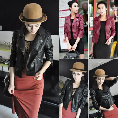

Womens PU Leather Jacket Flight Coat Zipper Biker Punk Slim Short Outwear Zip Up