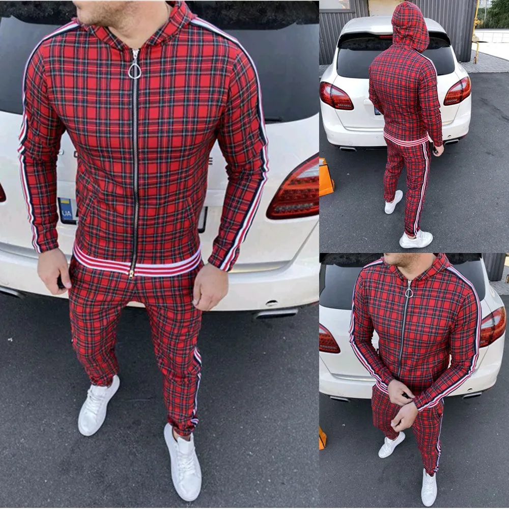 Men Fitness Suit Lattice Striped Letters Zipper With Hood Sports 2-piece Outdoor Sportswear Running | Спорт и развлечения