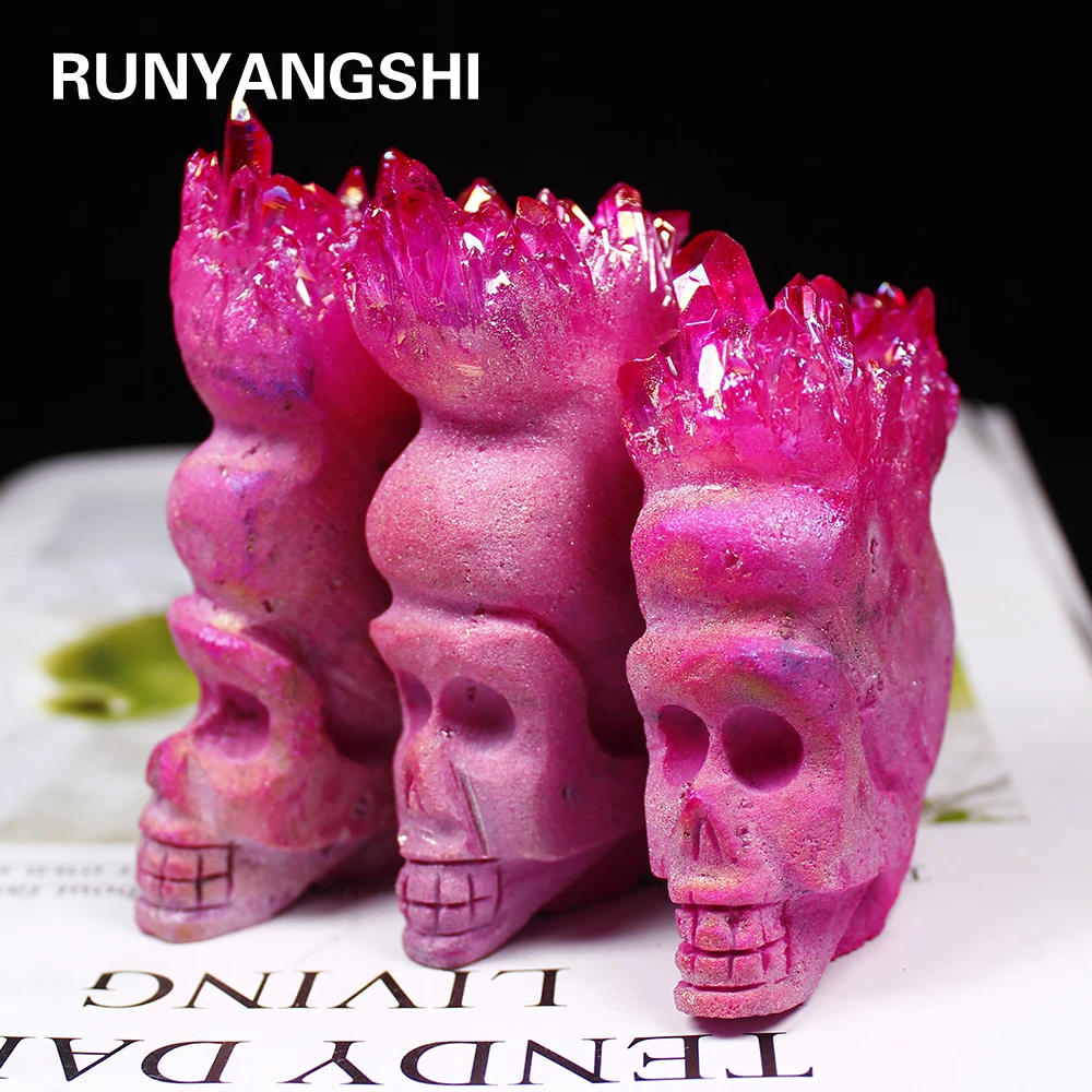 Runyangshi натуральный розовый хрустальный кластер с черепом рейки драгоценным