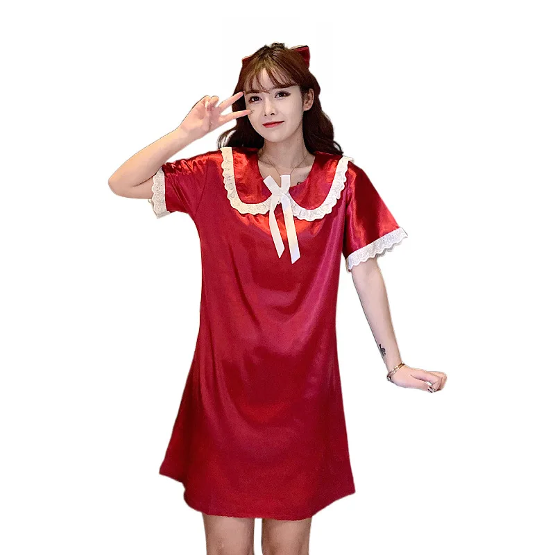 Nightgown Lady Sweet Lace Sleepwear Can Be Worn Outside Short Sleeve Princess Nightdress Women's Spring Summer Home Dress Skirt