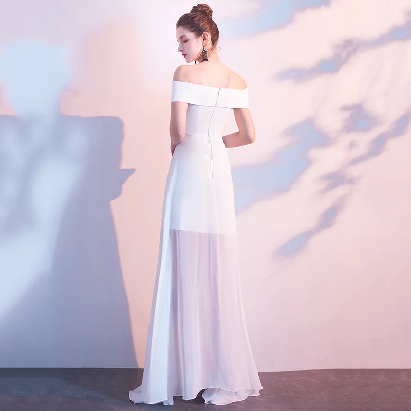 

Sexy Off Shoulder High Split Formal Party Dress Lady Qipao Elegant White Chiffon Maxi Dress Robe De Soiree Full Length Vestidos