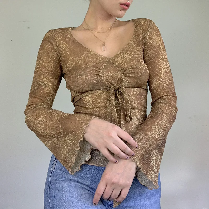 

Women See-through T-shirt Female Tie-up Paisley Print V-neck Flare Sleeve Autumn Pullover