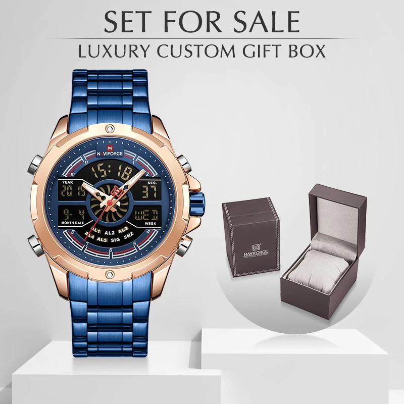 Мужские часы NAVIFORCE с коробкой мужские спортивные кварцевые из нержавеющей стали