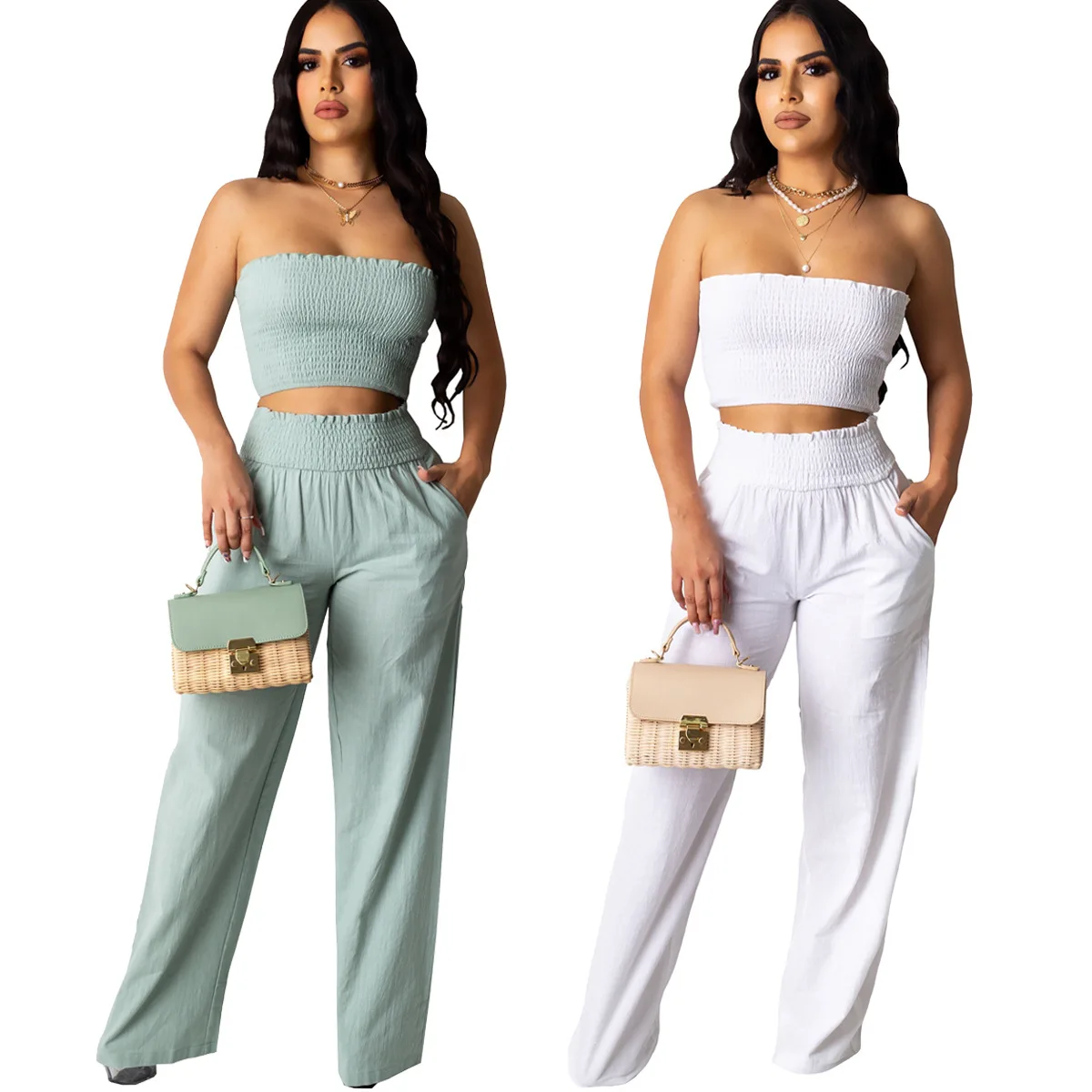 

European and American women's pleated sexy tube top two-piece suit trousers vacation summer