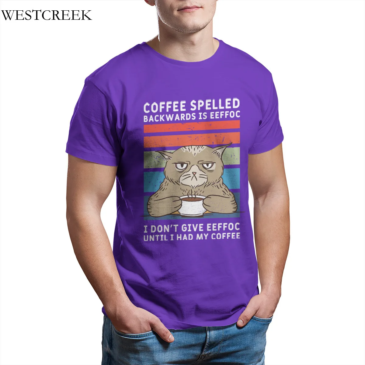 

Wholesale Men's T-Shirt Coffee spelled backwards eeffoc cat Motive morning Sleeve Streetwear 4XL 5XL 6XL Round Collar 34913