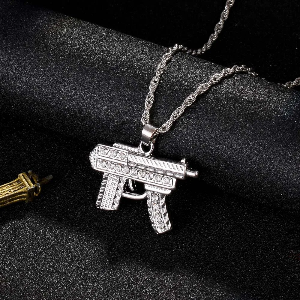 Ожерелье с подвеской из металлического сплава AK47, со льдом, стразы, золото, серебро, длинная цепочка, ожерелье для женщин и мужчин, хип-хоп ювелирные изделия - Окраска металла: FN025S