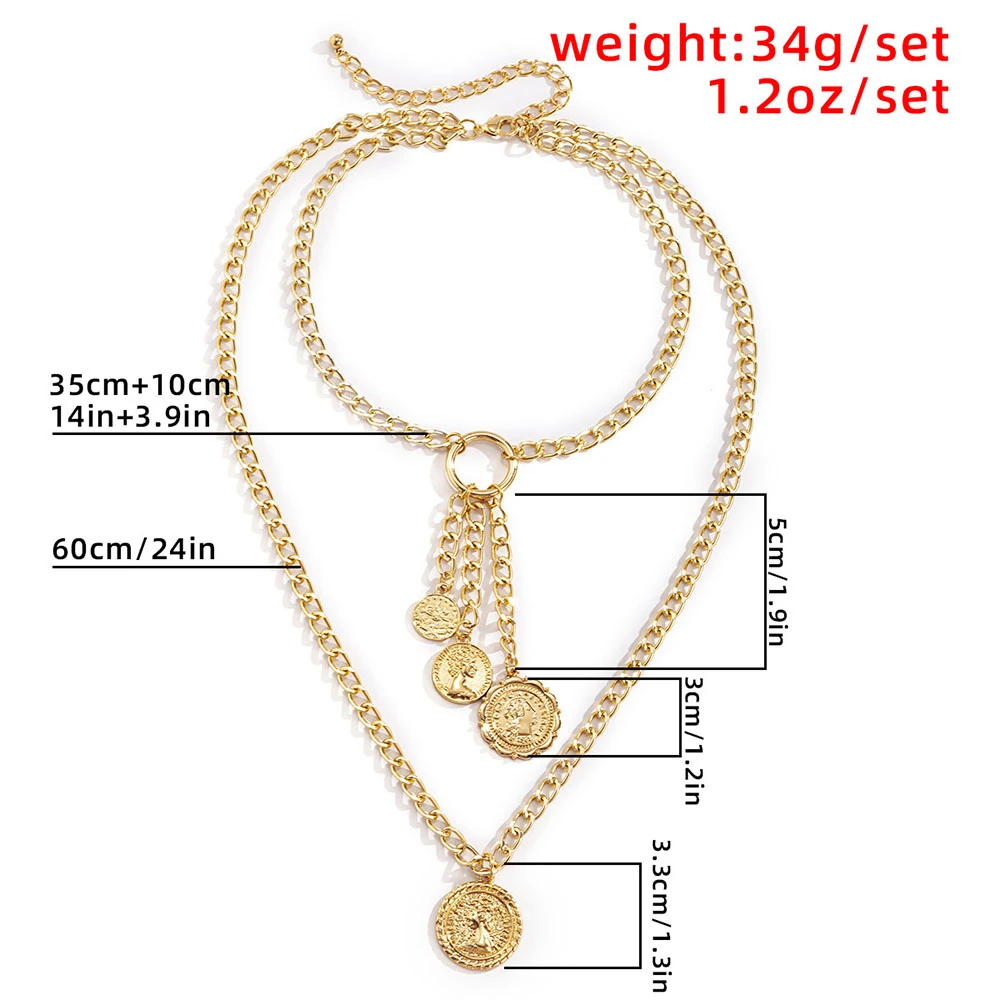 

2021 Collar Fashion Head Coin Pendant Necklace For Women Female Multilevel Geometric Punk Gold Silver Color Thick Chain Jewely