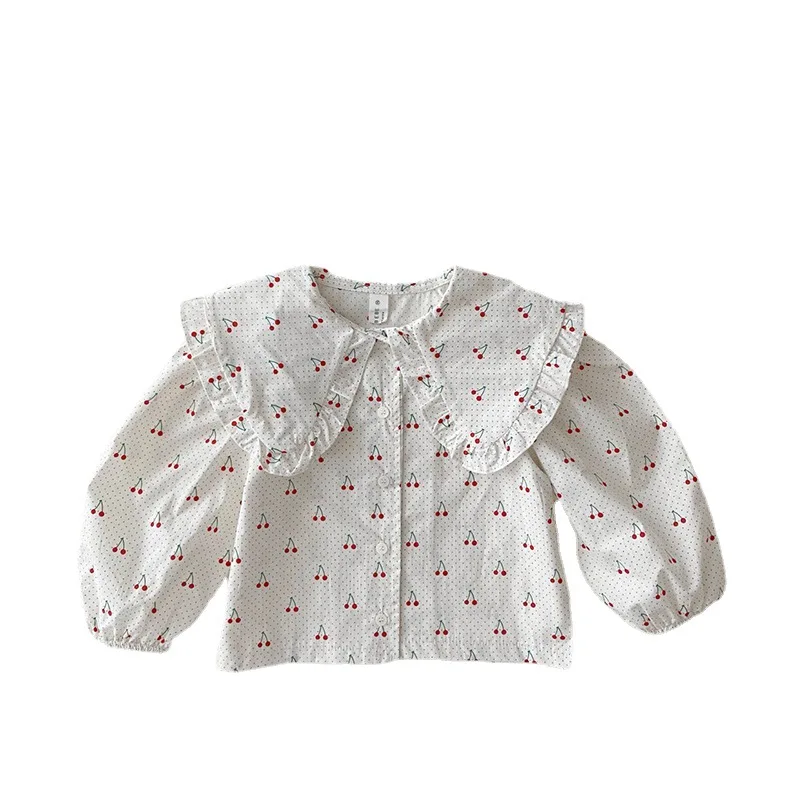 

Korea 2021 Children's Wear Girls' Baby Spring Sweet Lace Big Lapel Long Sleeve Shirt Kids Top