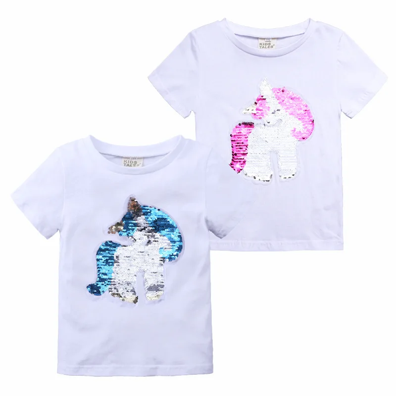 Летняя футболка для девочек Детские футболки с единорогом и блестками Модные