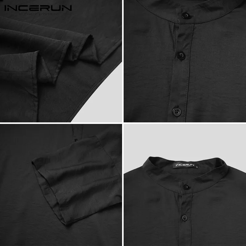 

INCERUN Men Shirt Stand Collar Streetwear Half Sleeve Solid Color Button Loose Casual Tops 2021 Fashion Camisa Masculina S-5XL