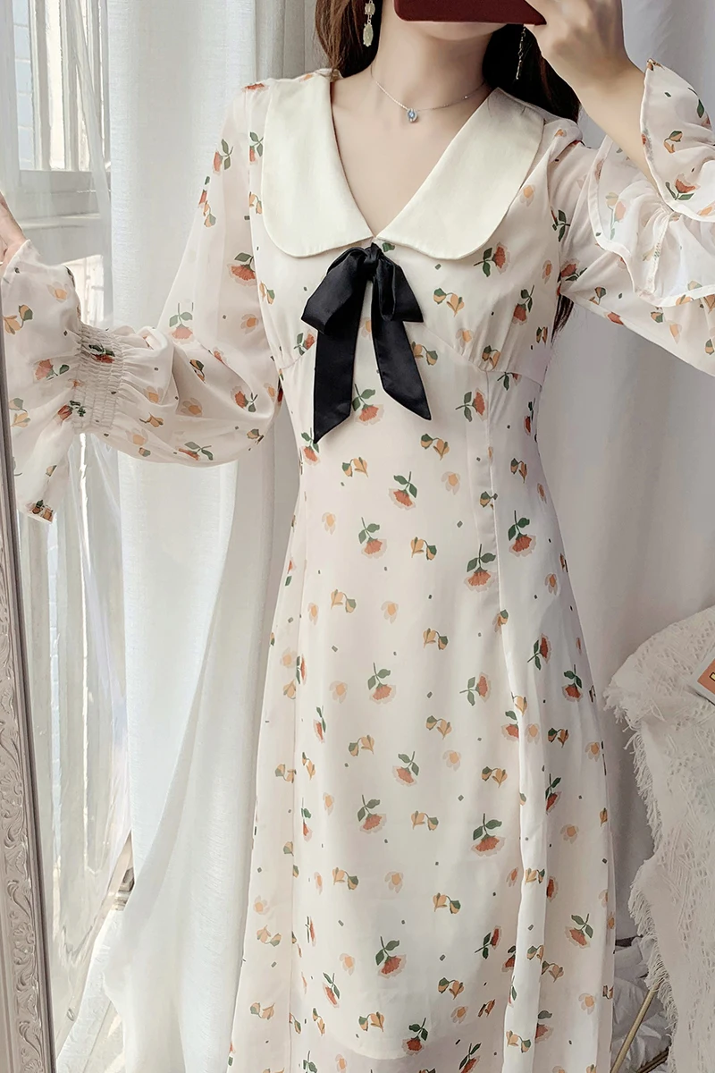 

flower broken Dress Chiffon dress women long sleeve autumn dress art long waist show thin temperament fairy