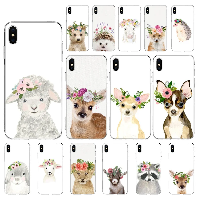 

Baby Animal Sheep Fox Hedgehog Flower Crown PhoneCase For iphone 12 13 ProMax Case For iPhone 11 Pro Max XS MAX XR SE2 8 7 Plus
