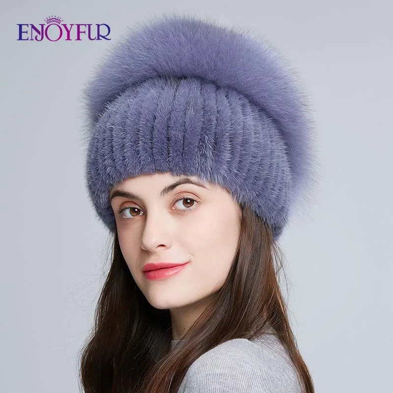 ENJOYFUR, натуральный Лисий мех, шапка для женщин, натуральный мех норки, женские зимние шапки, вертикальные Стразы, высокое качество, шапочки, модные шапки