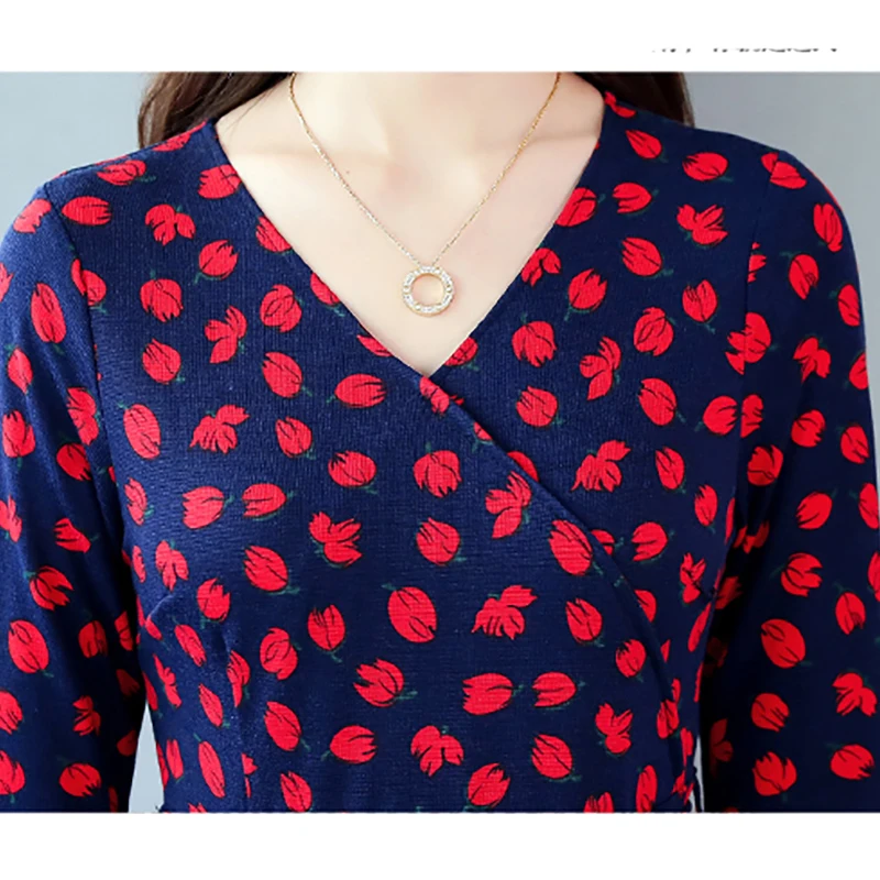 

2021 Spring Autumn Plus Size Printed Floral Midi Dress Women Elegant Korean Bodycon Thin French Dress Party Long Sleeve Vestidos