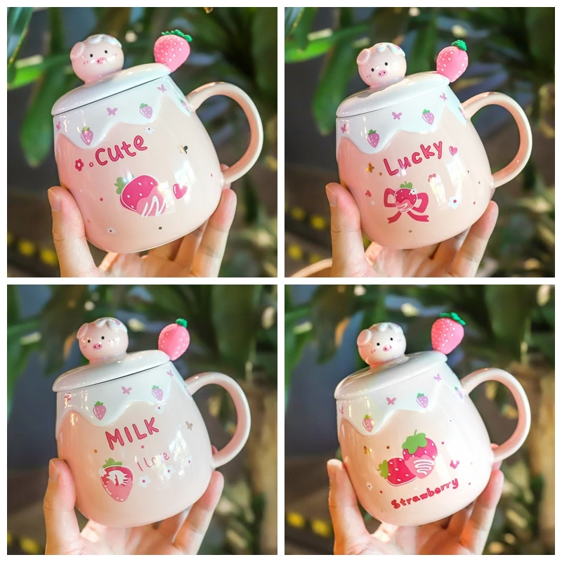 

Kawaii Чашка японская мультяшная свинка живот керамическая кружка 500 мл розовая клубника чашка для воды с крышкой молочный кофе креативные кру...