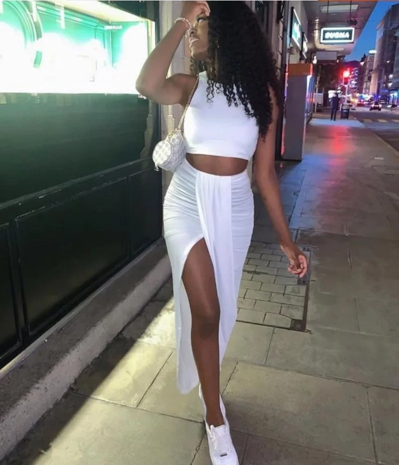 

Summer Women's Cropped Top Long Skirt Two-piece White Party Club Clothes Sexy Slit Skirt Suit 2021new